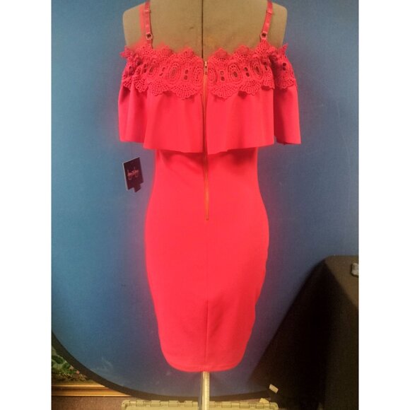 By & By Womens Off-The-Shoulder Pink Lace Ruffle Bodycon Dress Size 7 - Picture 3 of 5